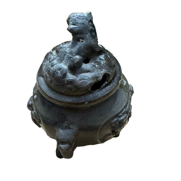 Chinese Triple Footed Brass Incense Burner Guardian Foo‎ Dog Lion Head 3.5” - Picture 2 of 8